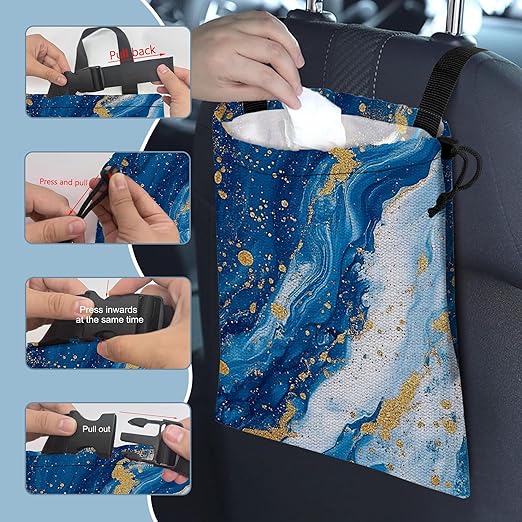 Blue Glitter Marble Car Garbage Bag,Small Car Trash Bag Hanging Back of Seat,Drawstring Car Trash Bag with Adjustable Buckle,Car Accessories for Camping Travelling