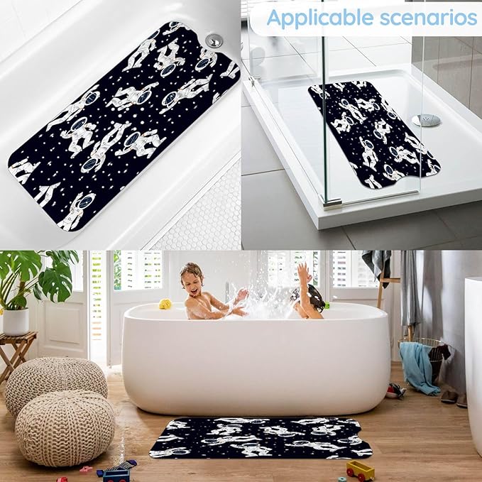 KINUUIS Bathtub Mats for Kids, Black Astronaut Bath Mat for Tub Non Slip, 40 X 16 Inch Large Washable Bathtub Mat Non Slip for Showers with Drain Holes and Suction Cups