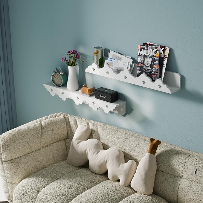 Sumbame Nursery Shelves for Wall Set of 2 - White Cloud Floating Bookshelf for Kids, 24 Inch Scalloped Picture Ledge Shelf, Display Shelf for Baby Bedroom, Nursery Decor, Baby Playroom, Toy Storage