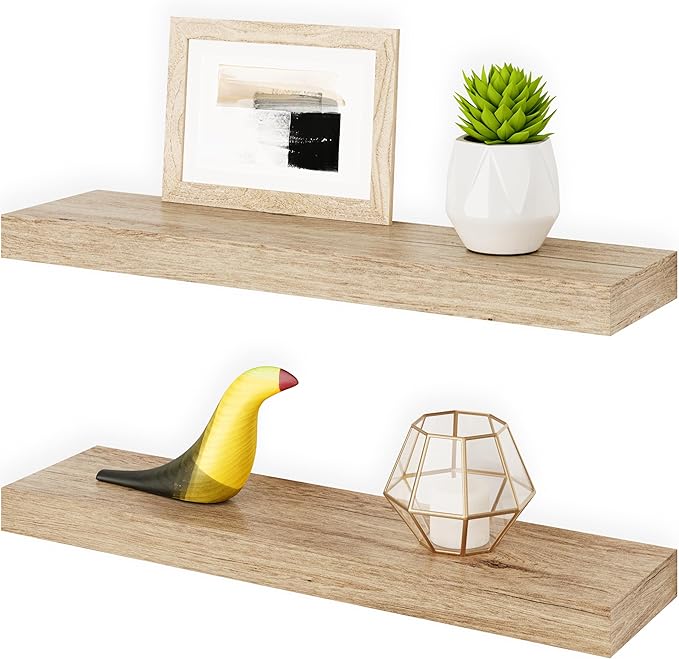 Ballucci Floating Shelves, 24" Wood Wall Shelf Set of 2, Invisible Brackets Floating Shelf Bathroom Wall Decor, Living Room, Bedroom, Kitchen, Nursery, 6" Deep, Natural Oak