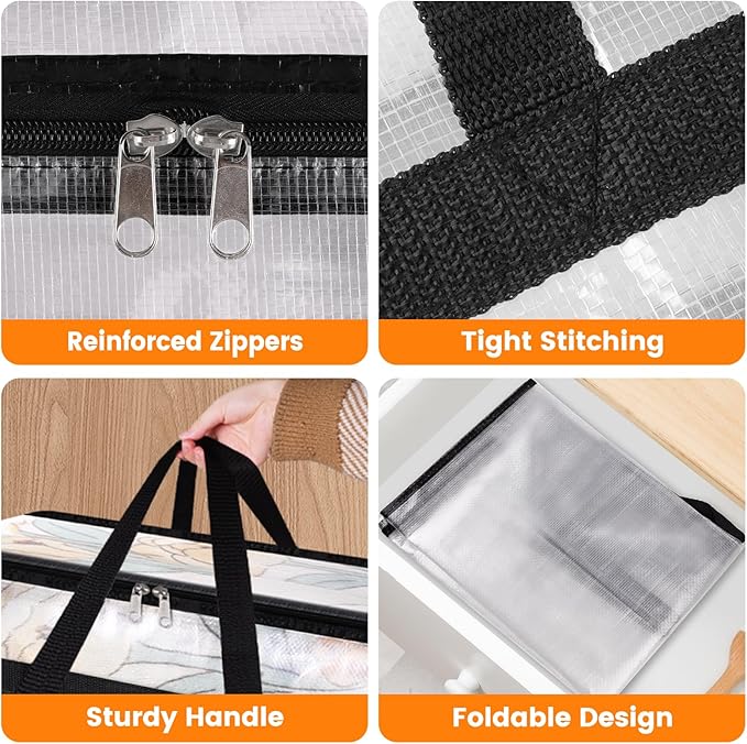 BlissTotes 6 Pack Clear Clothes Storage Bags, Moving Bags, Foldable Blanket Storage Under Bed Storage Containers with Sturdy Zipper and Handle for Clothing, Comforter, Bedding, Sheet (90L)