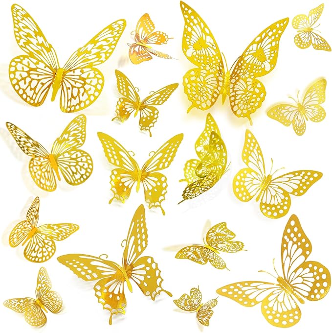 JOSDIOX 3D Gold Butterfly Wall Stickers - 72 Pcs with 4 Styles & 3 Sizes, Removable Decor for Party Birthday Wedding Cake Balloon Decoration (72 Gold)