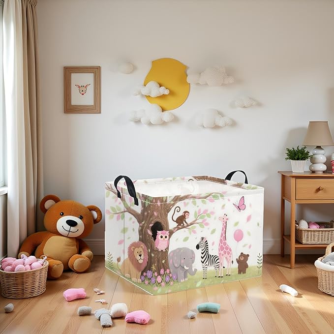 TIBAOLOVER Rectangular Baby Kids Storage Basket for Home Kitchen Girls Cute Storage Bin Organizer Shelf Book Room Decor(Pink Animal)