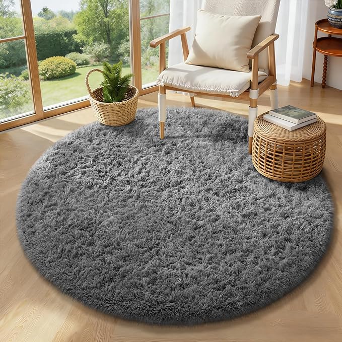 Ophanie Area Rugs for Bedroom Living Room,Color 1- Grey,Size 4',Shape Round