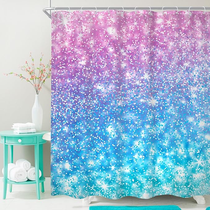 Kids Ombre Teal Shower Curtain 60Wx72H (Not Glitter) Colorful Turquoise Purple Shower Curtain for Girl Women Rainbow Polka Dots Mermaid Not Sparkle Pink Bathroom Decor Fabric with 12 Hook