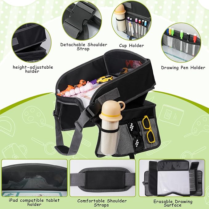 Kids Travel Tray for Car Lap Desk for Kids Ergonomic Elevated Angle Car Seat Tray with Cup Holder Storage Pockets Ideal Travel Essentials for Long Trips