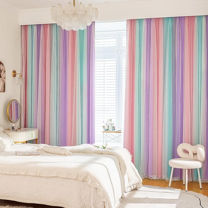 XiDi Kids Blackout Curtains with Sheer Overlay for Girl Bedroom 96 Inches Long Pink Purple Green Rainbow Princess Double Layer Curtain Thermal Insulated Room Darkening Grommet Drapes 2 Panels W52xL96