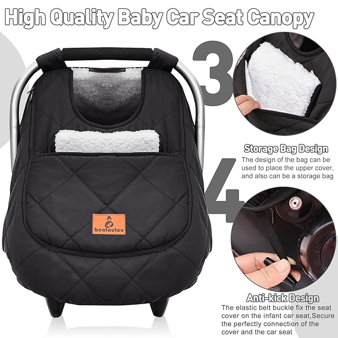 Winter Baby Car Seat Cover, Beatoutou Waterproof Winter Infant Carseat Canopy for Boys Girls, Cold Weather Warm Car Seat Covers for Babies, Keeps Babies Warm and Cozy (Black)