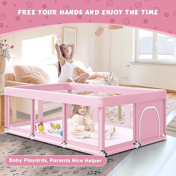 Fshibila 74" ×50" Large Baby Playpen, Baby Playard for Babies and Toddlers, Play Pens for Indoor & Outdoor, Sturdy Safety Play Yard with Soft Breathable Mesh, Anti-Fall, Pink