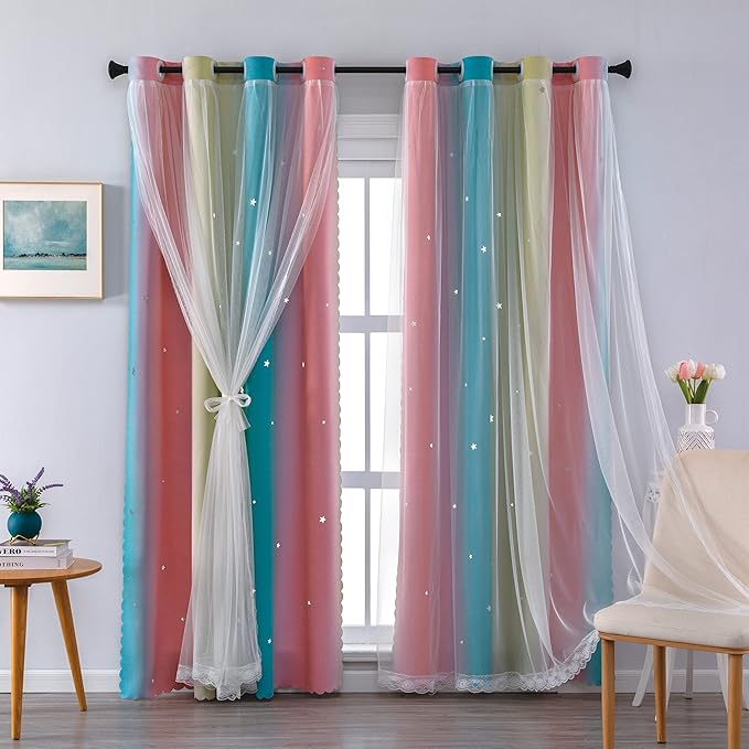 XiDi Girls Bedroom Curtains - Rainbow Unicorn Princess Ombre Blackout Curtains, 72 Inches Long Pink/Blue