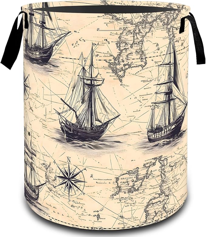 VODRM Vintage Nautical Ship Map Laundry Basket, Dirty Collapsible Clothes Toy Organizer Hamper for Kids Adults, Oxford Cloth Waterproof Storage Bin for Bedroom Bathroom Home Decor Gifts, 19.7"X15.7"