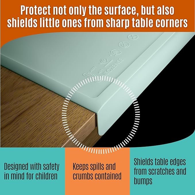 Silicone Placemats for Toddlers & Kids with Angle-Protective Safety Edge – Baby Placemats for Restaurants & Dining Table – Non-Slip & BPA-Free Food Mat – 1.5mm Thick, 18"x12", Sage Green