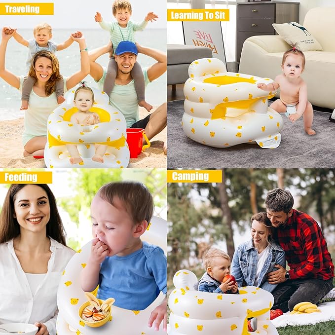 Upgraded Inflatable Baby Seat for Babies 3-36 Months, Inflatable Baby Chair Sit Me Up Floor Seat for Baby, Back Support Baby Seats for Infants for Sitting Up with Built in Air Pump (Yellow Bear)