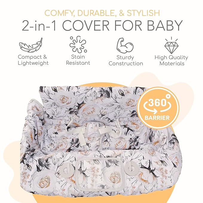 Binxy Baby 2-in-1 Cushy High Chair and Shopping Cart Cover for Baby, Comfortable Universal Fit Cover, Includes Storage Pouch - Coming Up Roses
