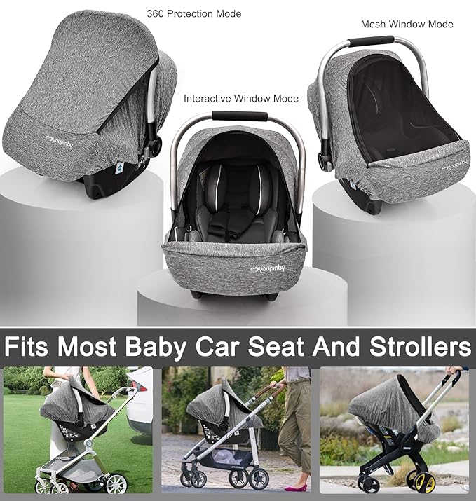 Baby Car Seat Cover, Extra Large Mesh Window, Breathable Fabric, Infant Windproof Canopy, Universal Fit CarSeat Covers for Babies, Machine Washable, Must Have Baby Gift. (Gray)