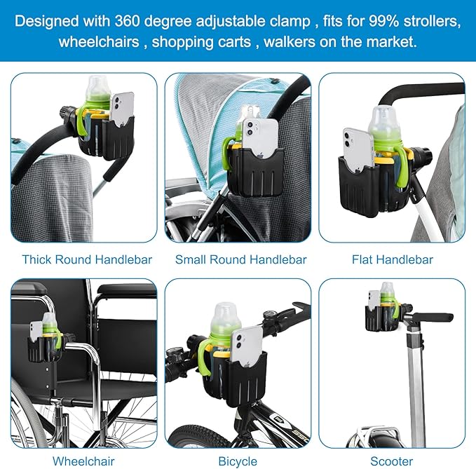 Accmor Stroller Cup Holder with Phone Holder, Universal Cup Holder, 2-in-1 Cup Phone Holder for Stroller, Bike, Walker, Wheelchair