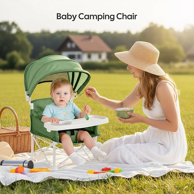 Cochildor 4-in-1 Portable Baby Chair, Foldable Toddler Booster Seat with Removable Tray, Canopy & Safety Harness, Green