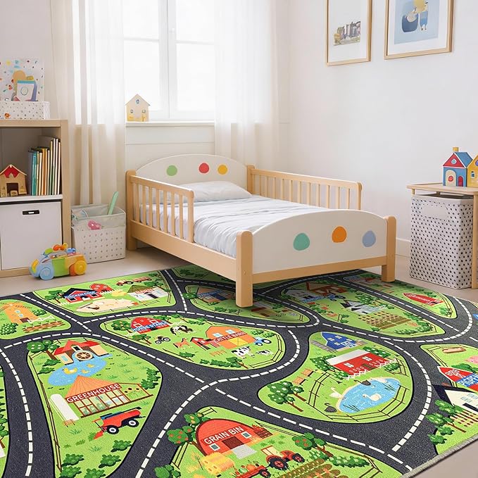 Farmyard Adventure Play Rugs, Educational and Fun Farm Play Mat for Kids, 8x10ft Non-Slip Playmat with Barns, Animals & Crops for Imaginative Play, Nursery, Playroom and Classroom
