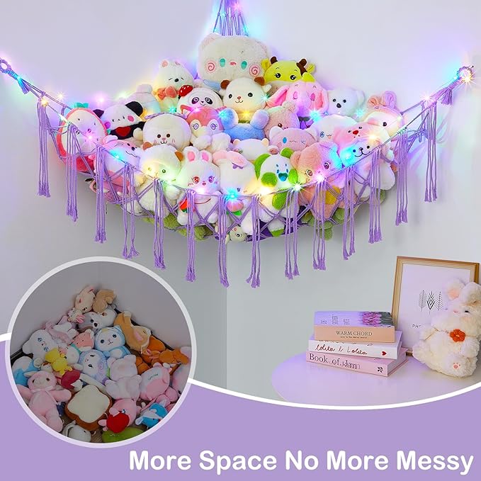 Basumee Stuffed Animals Net or Hammock with LED Light, Hanging Stuffed Animals Storage Toy Hammock Net Corner Wall Girls Room Decor Toy Storage Organizer, Purple, XL