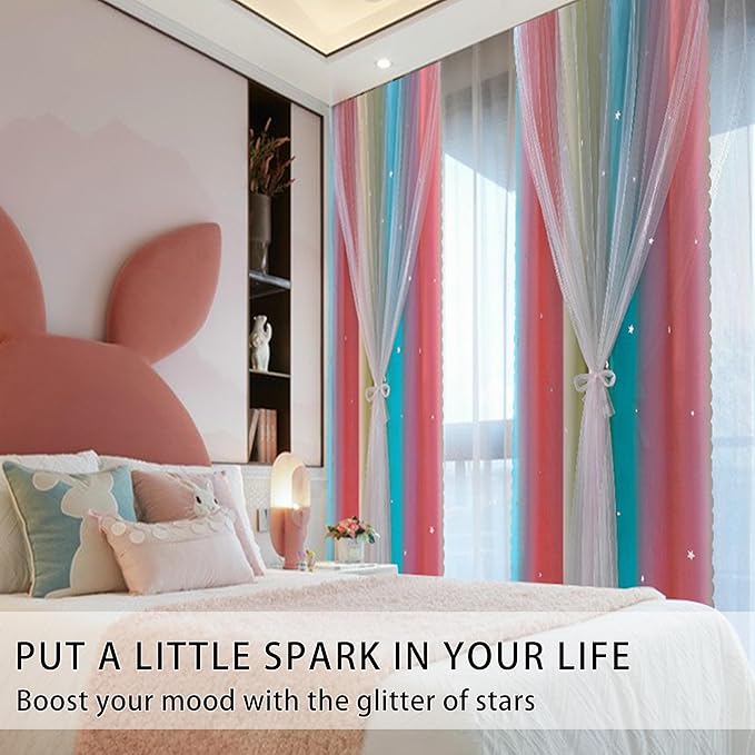 XiDi Girls Room Decro, Blackout Curtains for Kids Bedroom,Colorful Rainbow Style, Unicorn Wall Decor Ombre Curtains, Princess Room 63 Inches Long Pink/Blue
