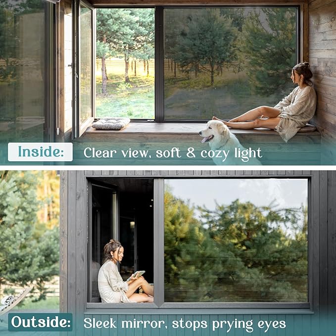 Haton Window Privacy Film One Way Window Tint for Home, Sun UV Blocking Heat Control Reflective Mirror Film, No Glue Static Cling See Out Not in Glass Door Covering, Black Silver, 17.5" x 78.7"