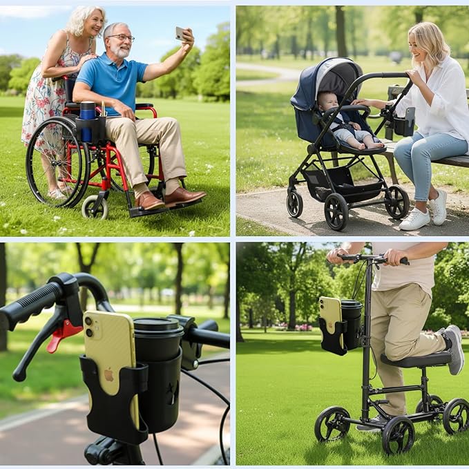 2-in-1 Walker Cup Holder with Reversible Phone Holder，Fit for Wheelchair, Rollator, Scooter, Bike, Mobility, Camper, Stroller with Sturdy,Rotatable,Adjustable and Anti - Slip Clip