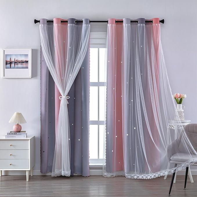XiDi Grey and Pink Curtains 96 Inches Long for Girls Bedroom 2 Panels Set, Blackout Rainbow Grommet Curtains for Kids Room Decor, Unicorn Wall Decals Drapes for Little Girl Nursery 34 Inches Wide