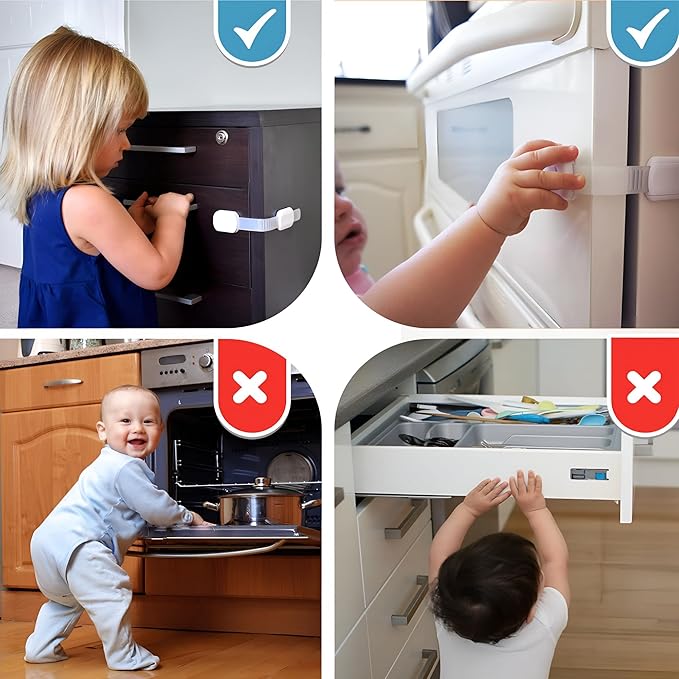 3M Adhesive Child Safety Strap Locks by Baby Proof Me, Baby Latches for Cabinets, Dishwashers, Fridges, Ovens and Trash Cans, Stain Free Toilet Lock (White, 24 Safety Latches)