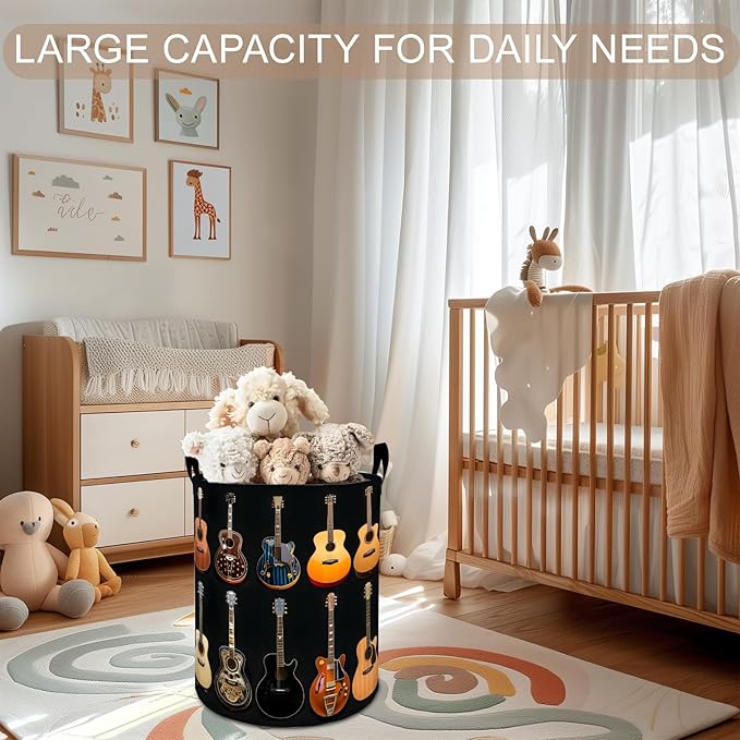 Guitar Laundry Basket Hamper 19.7"x15.8", Music Foldable Waterproof Oxford Clothes Storage Bucket for Room Bathroom Bedroom Nursery Decor, Toy Organizer Bins Gifts for Kids Boys Girls