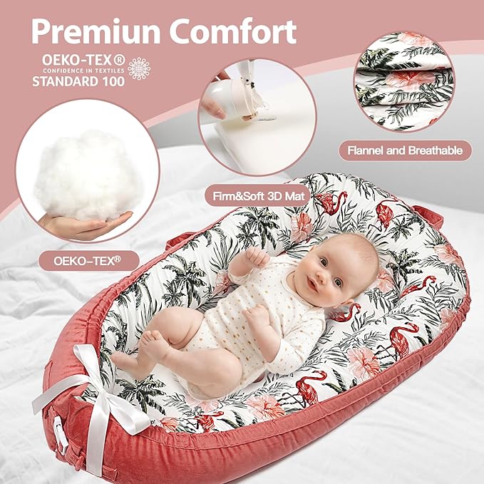 Baby Lounger-Breathable and Soft Organic 100% Cotton, Portable Infant Lounger with Removable Lounger Cover, Baby nest Lounger for Newborn - Red Flamingo