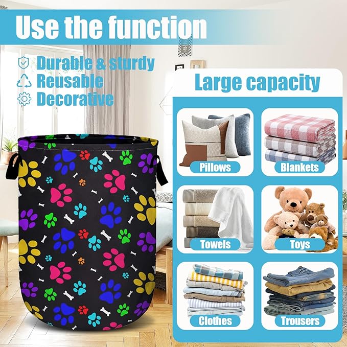 Colourful Paw Prints Bones Laundry Basket, Laundry Hamper Collapsible Oxford Cloth with Handle Clothes Toy Storage Bin for Bathroom Laundry Room Bedroom 15.7 X 20 Inch