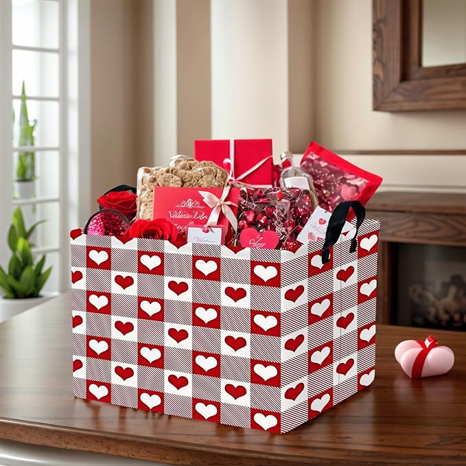 ASKETAM Valentine's Day Basket for Gifts Empty Cute Heart Large Gift Basket Decorative Storage Bin for Kid and Baby Room Décor (Deep Red Checkered Heart)