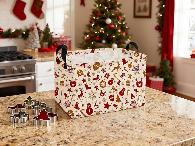 Essme Rectangular Christmas Baskets,Deer Storage Box,Cute Basket for Kids with Handles for Room Decor, Book Bins,Gifts Basket.(Snowflake Christmas)