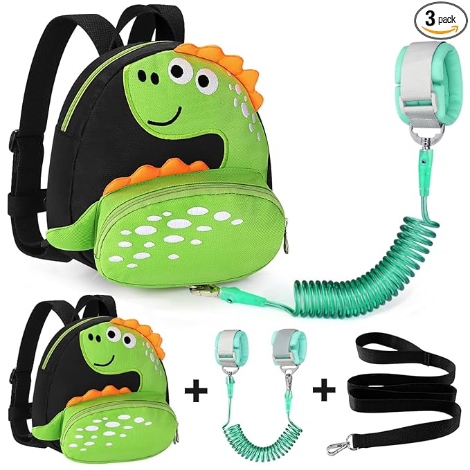 Accmor Toddler Harness Backpack Leash, Cute Dinosaur Kids Backpacks with Anti Lost Wrist Link, Mini Child Backpack Wristband Tether Strap and Protection Leashes for Baby Boys Girls Aged 1-3 Years