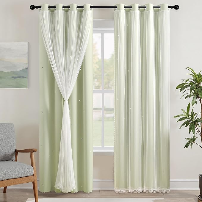 XiDi Sage Green Blackout Curtains for Kids Bedroom 96 Inches Long 2 Panels Thermal Insulated Energy Saving Living Room Window Treatment Curtains Star Blackout Drapes Nursery Kids, W52xL96 Inch, Sage