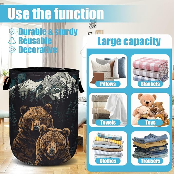 Brown Bear Mountain Laundry Basket, Laundry Hamper Collapsible Oxford Cloth with Handle Clothes Toy Storage Bin for Bathroom Laundry Room Bedroom 15.7 X 20 Inch