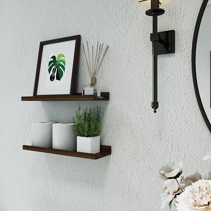 Floating Shelves for Wall Decor, Wall Mounted Wood Storage Shelf for Bedroom, Living Room, Bathroom, Kitchen, Nursery, Rustic Display Picture Ledge Shelf with Lip Set of 2-16 Inches, Walnut