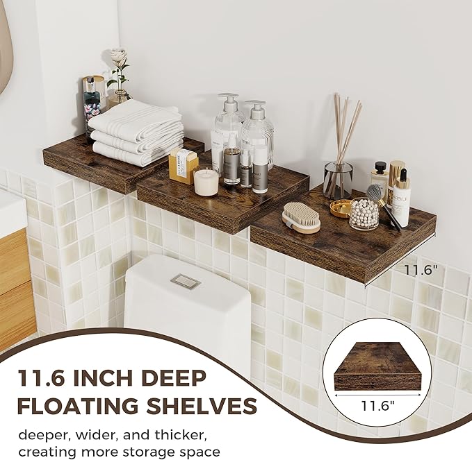 Fun Memories 12 Inch Square Floating Shelves 3 Pack - Wall Shelves with Invisible Brackets, Small Floating Shelves for Wall, Brown Wood Shelves for Bathroom, Living Room, Bedroom, and Kitchen Decor