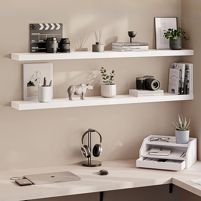 Ballucci Floating Shelves, 55" Wood Wall Shelf Set of 2, with Invisible Brackets for Bathroom, Living Room, Bedroom, Kitchen, Nursery, 6" Deep, White