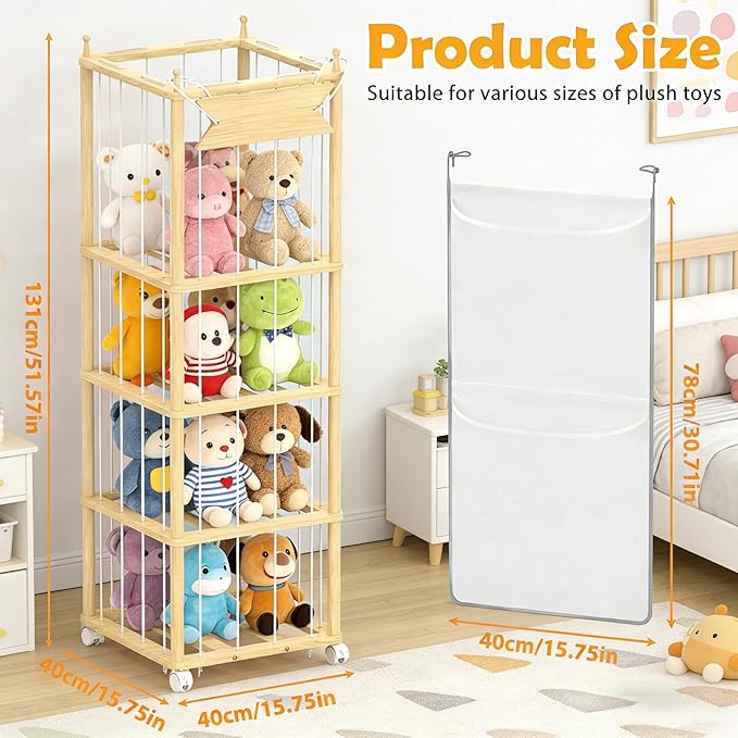SANXUO Wooden Stuffed Animal Storage Organizer,Hanging & Rolling Toy Storage,Space-Saving Plush Zoo Cage Holder for Kids’Bedroom, Nursery, Playroom,White Elephant Gifts for Boys & Girls