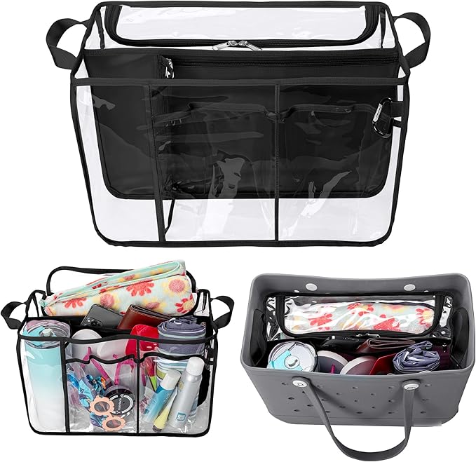Clear Beach Bag Organizer Insert Compatible with BOGG BAG Original X Large, Zipper Organizer Liner Compatible with BOGG BAG Original X Large, Insert Divider Pouch with 2 Compartments, Black