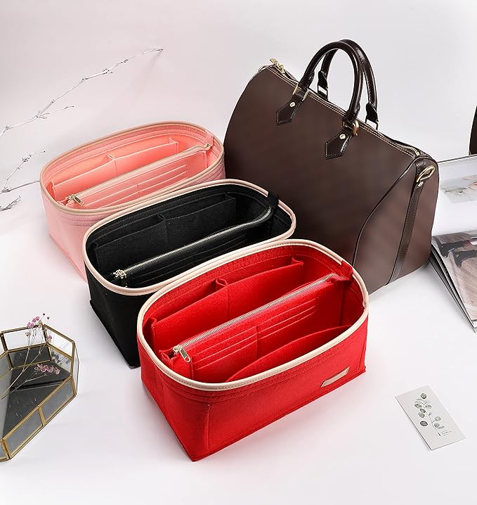 Purse Organizer Insert for Handbags, Fit Speedy 30 Neverfull Felt Tote Insert with Base Shaper Zipper Bag in Bag