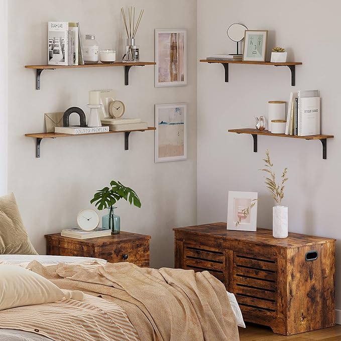 DINZI LVJ Long Wall Shelves, 23.6 Inch Wall Mounted Shelves Set of 2, Easy-to-Install, Wall Storage Ledges with Sturdy Metal Brackets for Living Room, Bathroom, Bedroom, Kitchen, Rustic Brown