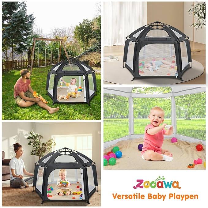 Zooawa Pop Up Playpen for Baby, Portable Playpen for Babies and Toddlers with Removable Sun-Shades& 2 Side UV Covers, Lightweight Outdoor Baby Play-Pen for Beach Home with Travel Bag, Black