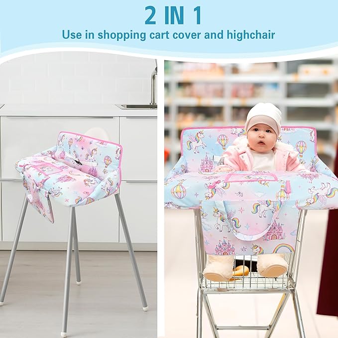 Shopping Cart Cover for Baby,2-in-1 High Chair Cover Soft,Portable, and Machine Washable,Comfortable Cotton Seat Pad with Safety Harness and Portable Cloth Bag,Fits All Supermarkets and Restaurants