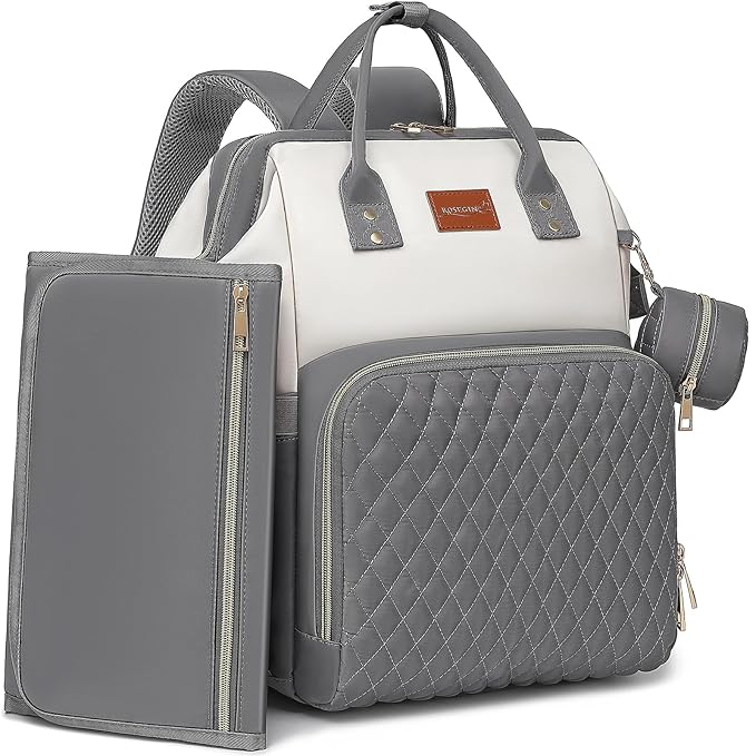 ROSEGIN Baby Diaper Bag Backpack with Changing Pad, Pacifier Case, for Boy Girl Toddler - Large, Stylish, Waterproof Travel Quilted Diaper Bag for Mom - Gray/White