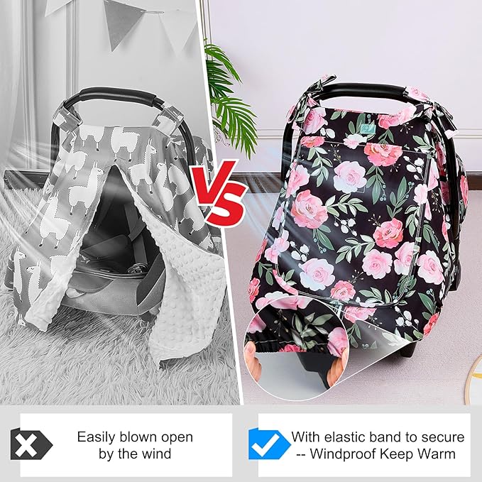 FIOBEE Baby Car Seat Cover, Car Seat Covers for Babies Infant Car Seat Canopy with Breathable Mesh Window Waterproof Carseat Cover for Babies Boy Girl 4 Seasons, Black/Flowers