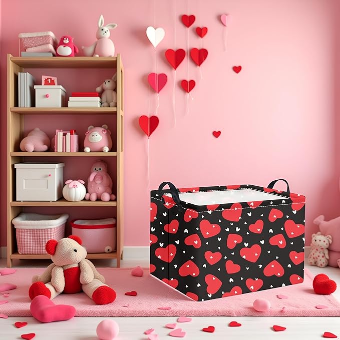 HIYAGON Rectangular Valentines Basket Fabric Storage Bin Storage Boxes Collapsible Storage Basket for Clothes Books Shelves Basket(Black Red Heart)
