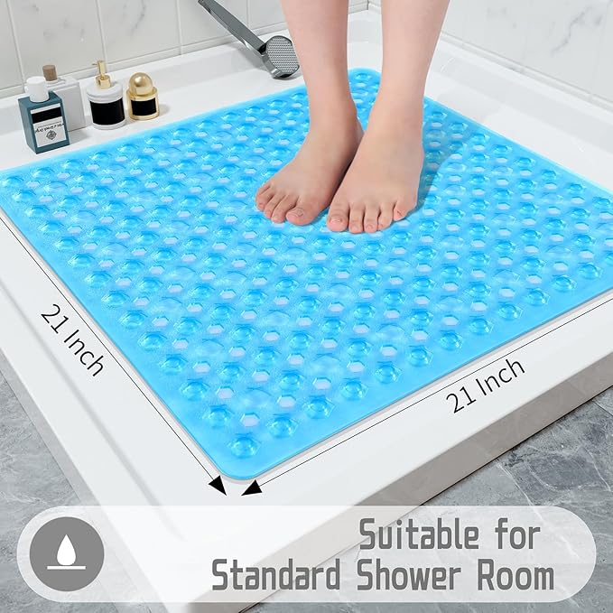 Yimobra Square Shower Floor Mat Non Slip, 21"x21" Machine Washable Bath Tub Mat, Soft on Feet, Bathmat with Drain Holes and Suction Cups, Fast Draining, Clear Blue