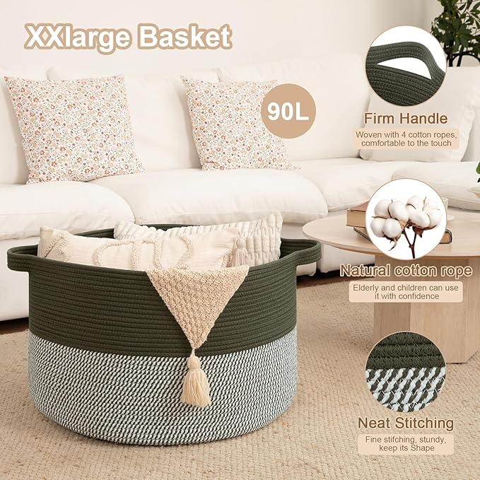 OIAHOMY 90L XXXLarge Blanket Basket for Living Room, 21.7" x 13.8" Woven Cotton Rope Laundry Basket for Organizing Pillows, Decorative Stuffed Animal Toy Storage for Nursery, Green and Grey